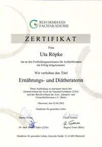 Zertifikat über Ernährungs- und Diätberatung Zertifikat